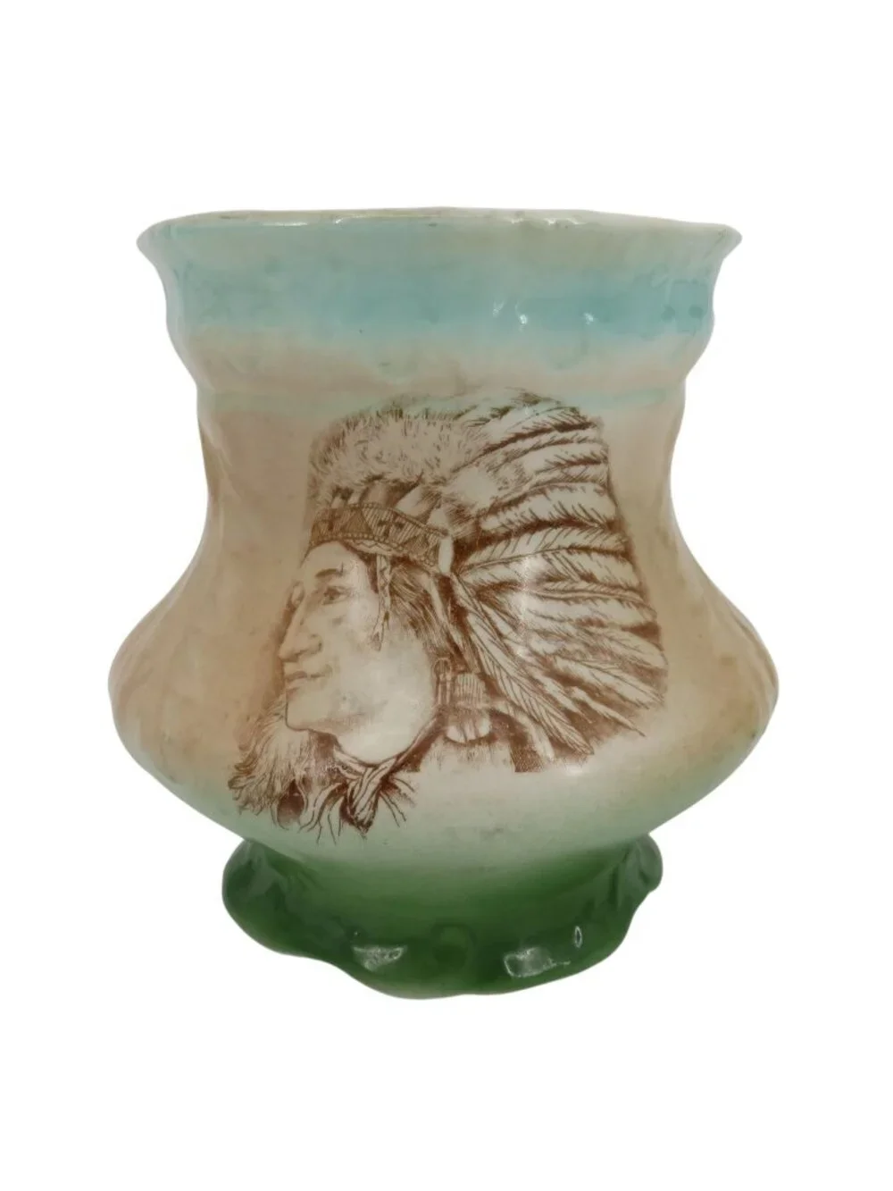 Verus Porcelain Indian Chief Art Nouveau Woman Brown Tan Blue Green Vase Antique